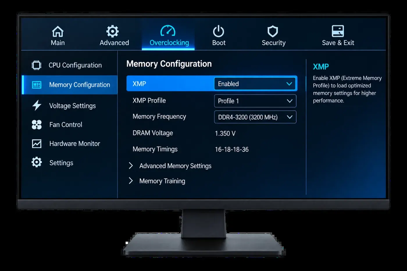 BIOS memory configuration screen with XMP enabled and DDR4-3200 memory frequency selected