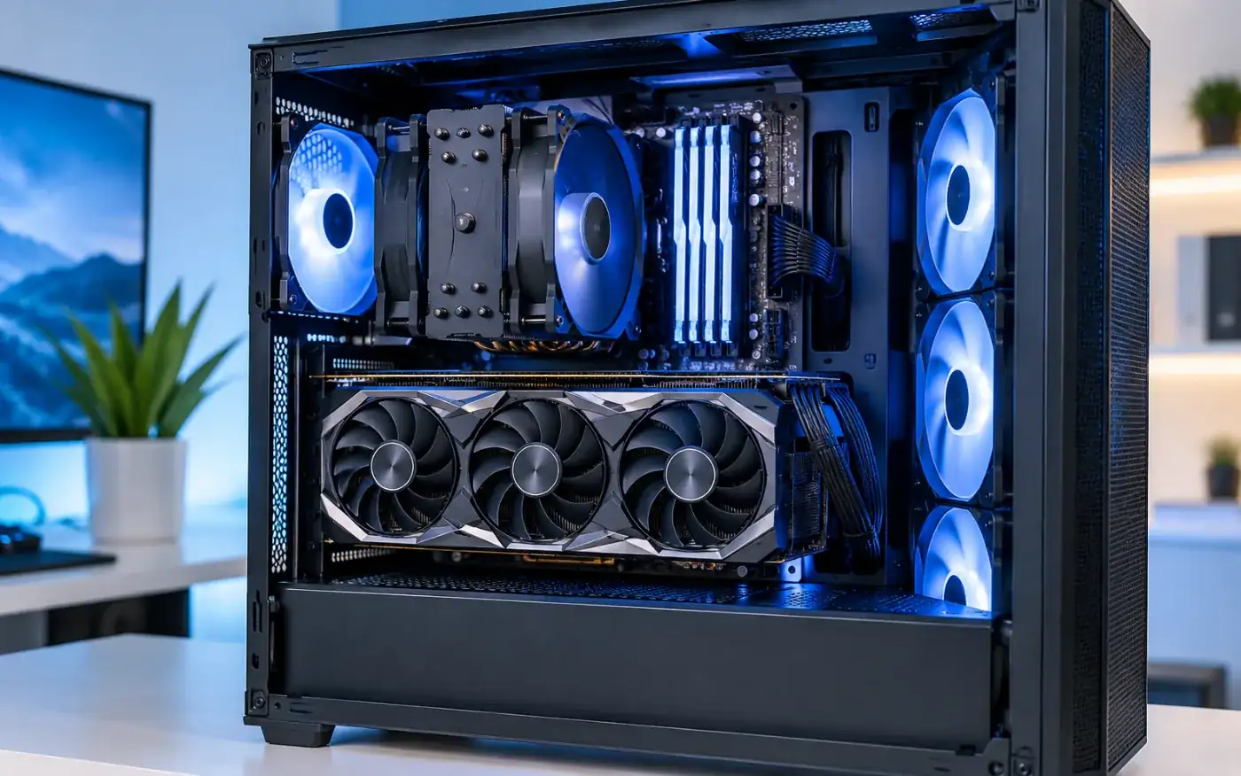Gaming PC with the side panel off, showing the CPU cooler, RAM and graphics card